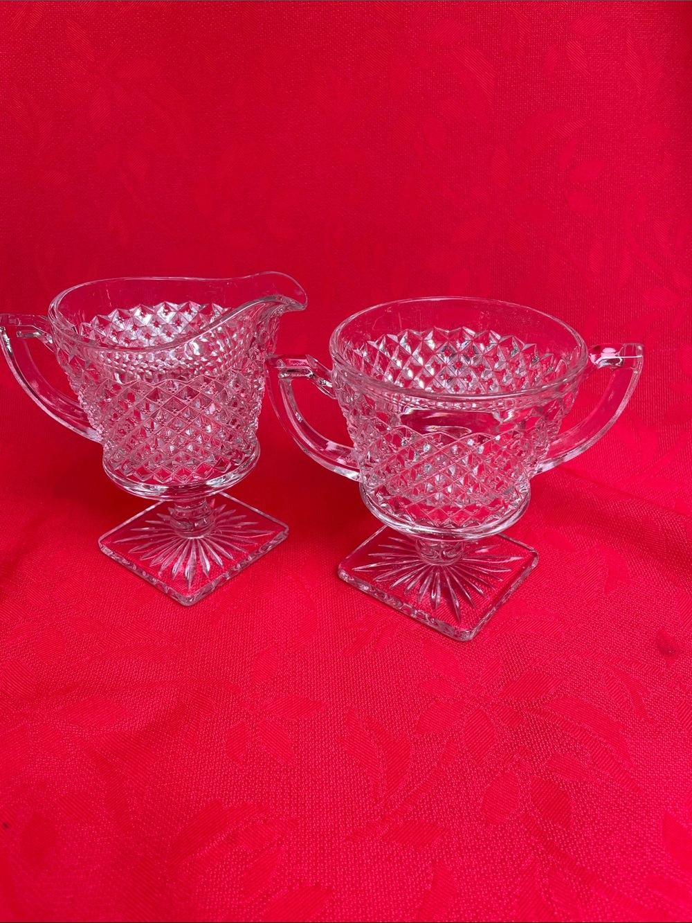 Pressed Glass Creamer and Sugar Set - Clear Diamond Design
